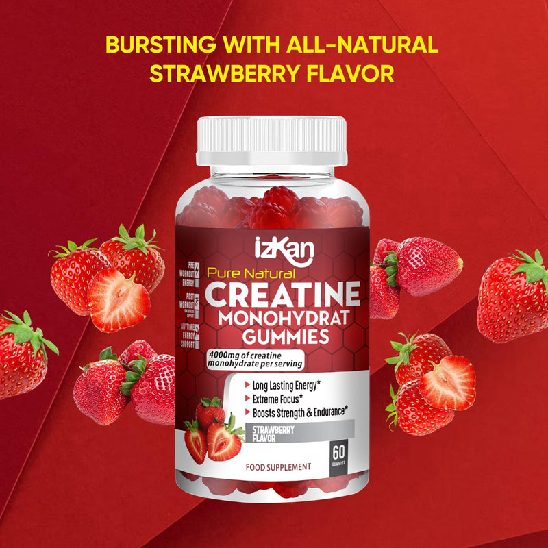 Creatine Monohydrate Gummies 4000mg for Men & Women - 60 Chewable Creatine Gummies Strawberry Flavoured Creatine | Pre Workout Gym Supplement| Vegan | (1 Months Supply) (1) 1