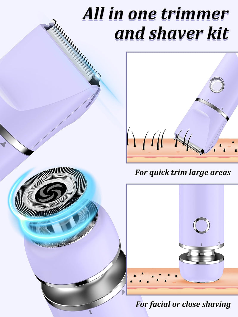[Australia] - Bikini Trimmer and Shaver Kit for Women - 2-in-1 Wet/Dry Electric Body Hair Trimmer Facial Hair Removal Cordless Waterproof Bikini Shaver Razor for Face Lip Chin Pubic Underarm Legs (Purple) Purple 