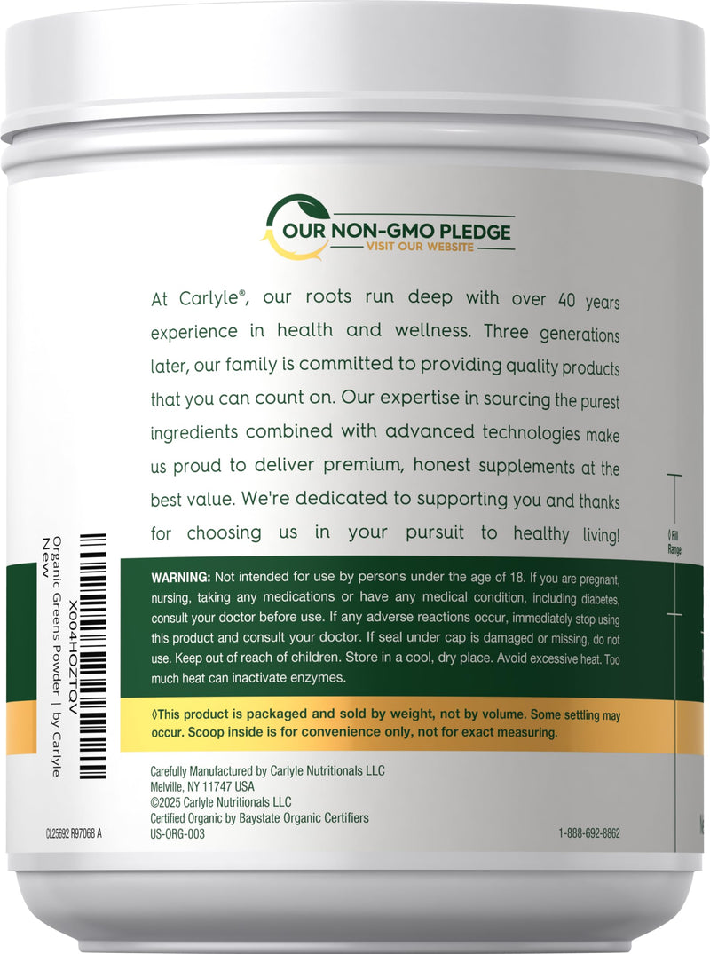 Carlyle Organic Greens Powder | 17.6 oz Supplement | For Occasional Gas, Discomfort & Bloating | 20+ Superfoods, 18 Digestive Enzymes & Prebiotics | Vegan, Non-GMO & Gluten Free