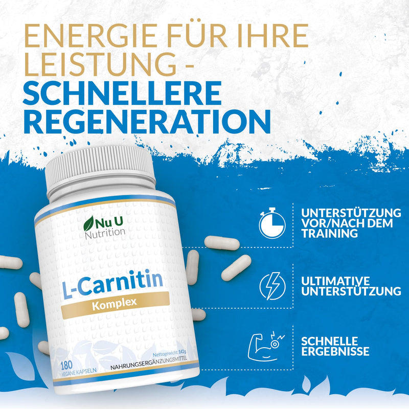 [Australia] - L-Carnitine Complex 2,200mg High Dose - 180 Vegan Capsules - With Riboflavin, Biotin, Chromium, Vitamin D, B3 & B6 - L-Carnitine Tartrate Supplement - Nu U Nutrition 