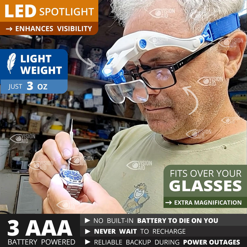 Vision Aid Magnifying Glasses with Light, 5 Lenses, Headband, Storage Case | Hands Free Optivisor Magnifier for Lashes, Jewelry, Microblading, Hobby, Dental Close Work 3AAA Battery Powered (not included) - Standard
