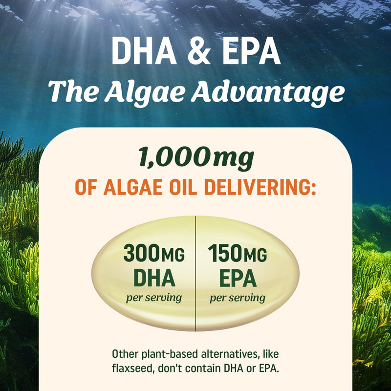 Vegan Omega 3 Algae Oil | Plant Based DHA EPA | Sustainably Sourced, No Carrageenan, Non GMO | Heart, Brain, and Eye Health | Fish Oil Alternative | Algae Omega 3 Supplement | 60 Softgel Capsules Vegan Algae Oil, 60ct