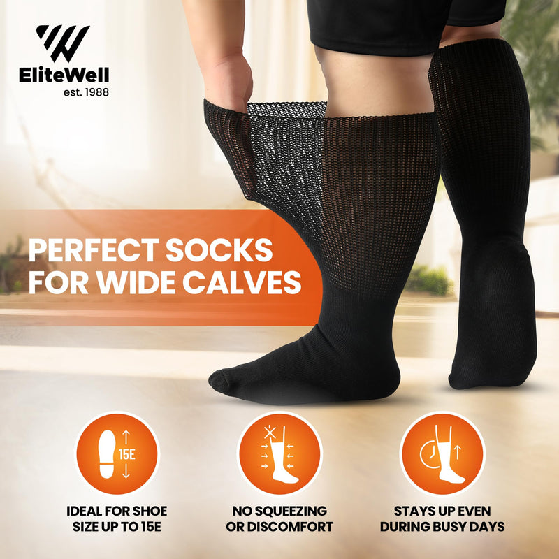 [Australia] - Wide Calf Socks, Women and Men's Wide Socks, Extra Wide Socks, Diabetic Socks for Men and Women, Loose Fit Socks - 3 Pairs X-Large Black 