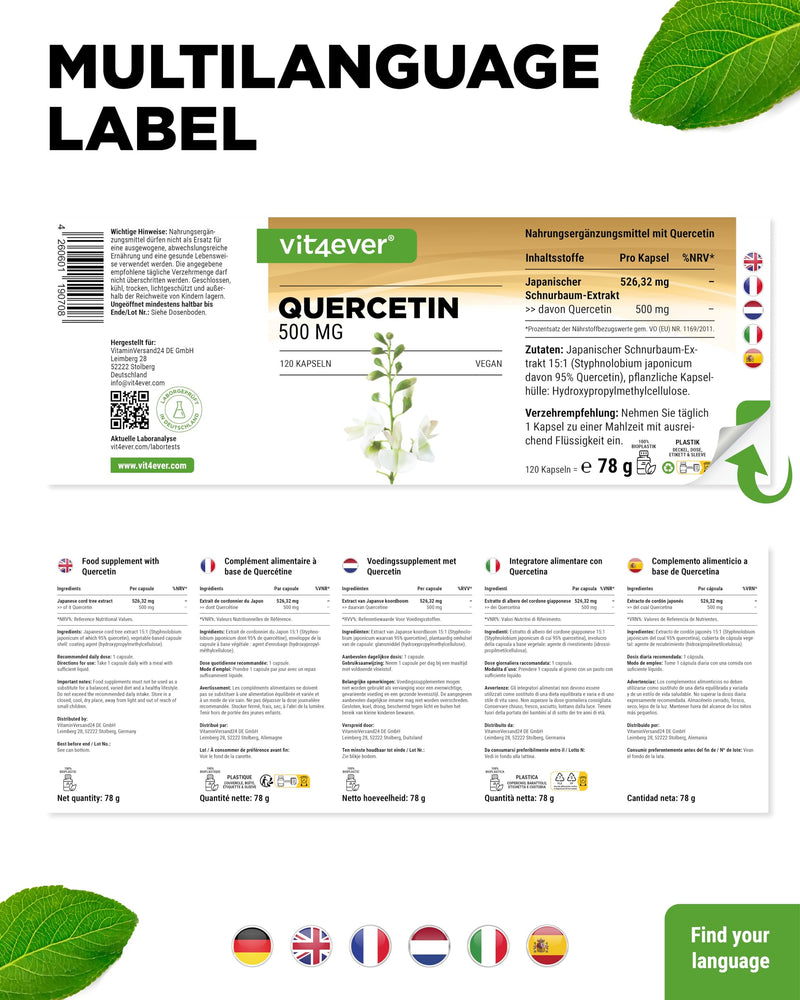 [Australia] - Quercetin - 500 mg - 120 capsules - 4 month supply - Premium: Natural 15:1 string tree flower extract with 95% quercetin content - High dosage - Vegan 