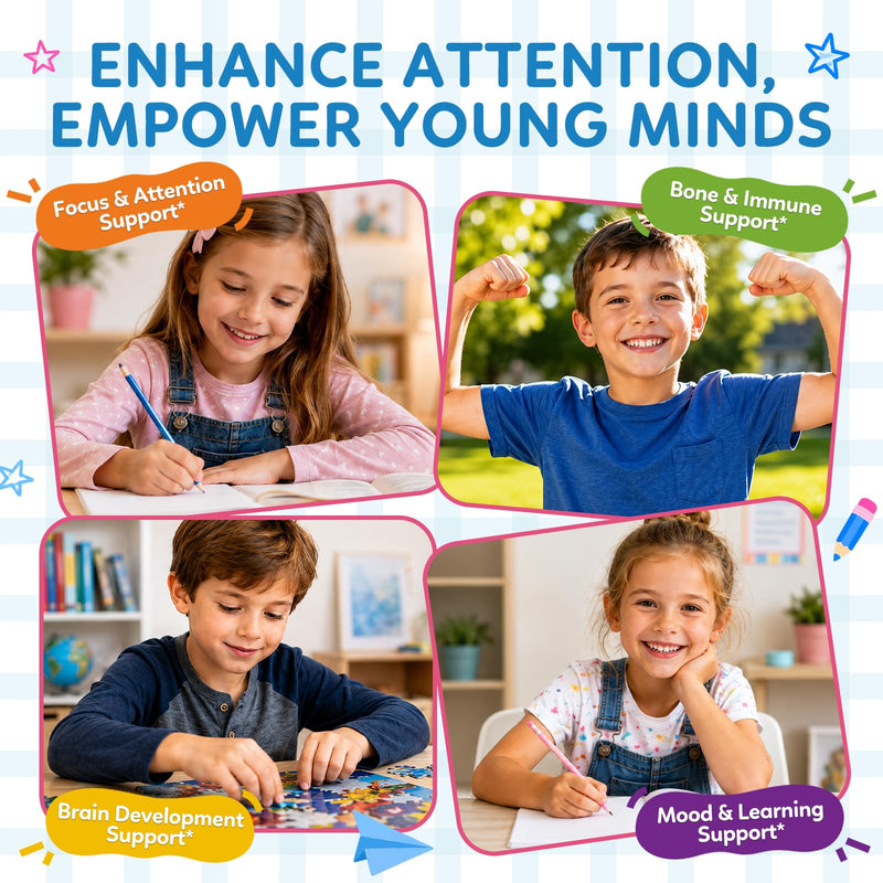 Kids Focus and Attention Supplements with Phosphatidylserine, L-Theanine, Omega-3, Ginkgo Biloba, Kids Multivitamin Liquid Drops, Supports Cognitive, Memory, Calm & Mood, Strawberry, 4 Fl Oz 2 Fl Oz (Pack of 2)