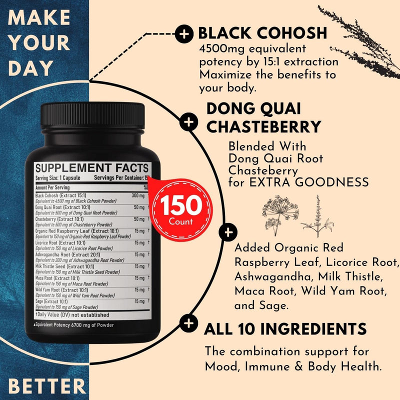 [Australia] - 12in1 Black Cohosh 5-Month Supply for Menopause Support Supplement - 6700mg with Dong Quai, Chasteberry, Red Raspberry, Licorice, Wild Yam & more - Boost Immunity & Balance Mood - 150 Vegan Capsules 150 Count (Pack of 1) 