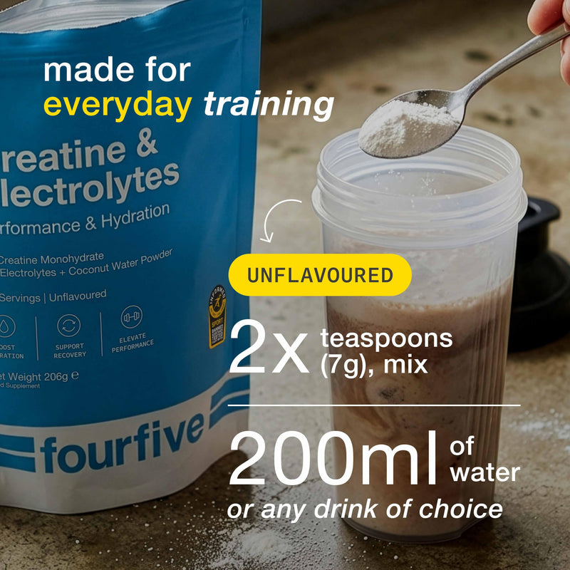 fourfive Creatine & Electrolytes Powder (Creatine Monohydrate) Easy Dissolve, Unflavoured & Vegan, Hydration & Strength Performance - 206g Pouch (30 Servings)