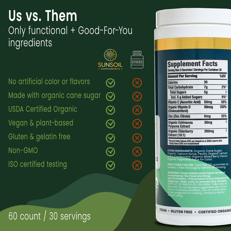Sunsoil Immune Boost Organic Gummies, USDA Certified Organic, No Glucose Syrup, Vegan, Gluten-Free, Plant-Based