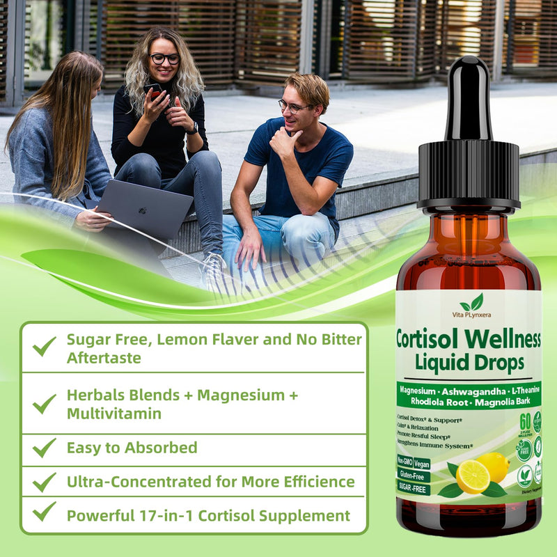 2 Pack Cortisol Supplement Liquid Drops, 17-in-1 Cortisol Detox | Magnesium Glycinate 400mg Ashwagandha, L-Theanine, Phosphatidylserine, Hormone Balanced for Women, Mood Focus, Sleep Support Lemon 2 Fl Oz (Pack of 2)