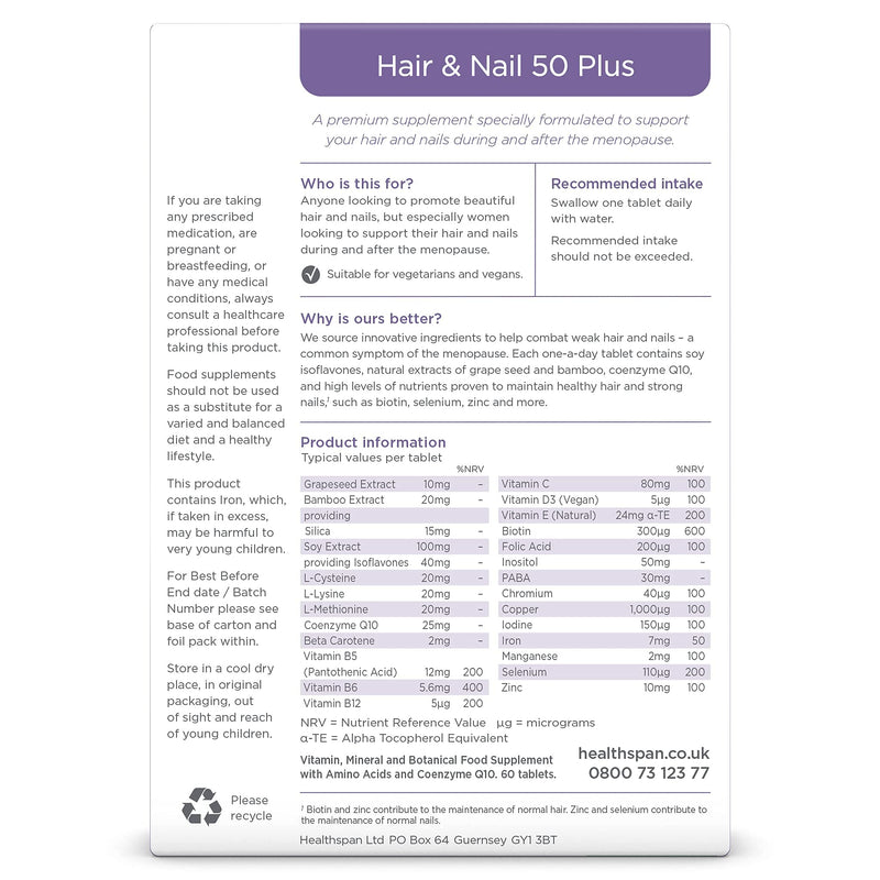 Healthspan Hair & Nails 50 Plus | Formulated for peri- and Post- menopausal Women | Promotes Strong Hair & Healthy Nails | with Soy isoflavones, Biotin, Selenium & Zinc | Vegan (60 Tablets)