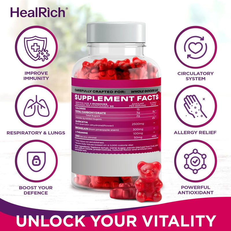 [Australia] - Quercetin Gummies - 2500MG Quercetin with Bromelain L-theanine & Zinc - Pure Supplement for Immune System Lung and Allergy Support - Immunity Booster Vegan Supplements for Kids & Adults - Made in US 