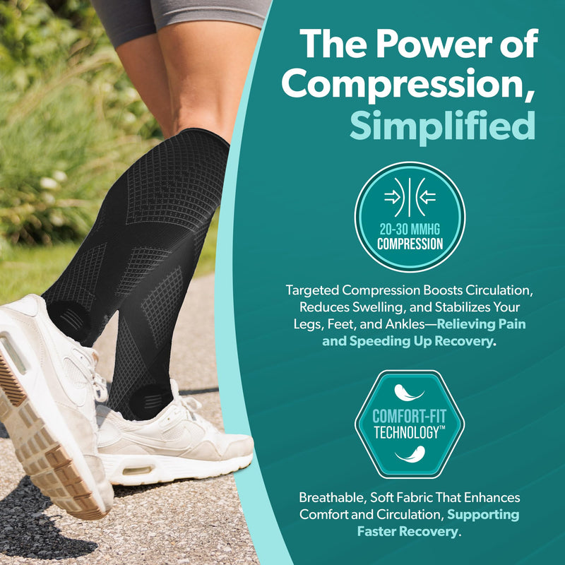 [Australia] - BraceAbility Compression Socks for Circulation - 20-30 mmHg Knee High Neuropathy Open Toe Stockings for Varicose Veins, Swelling, RLS, Medical Toeless Support for Men or Women - 1 Pair (M - Black) Medium Black - Open Toe 