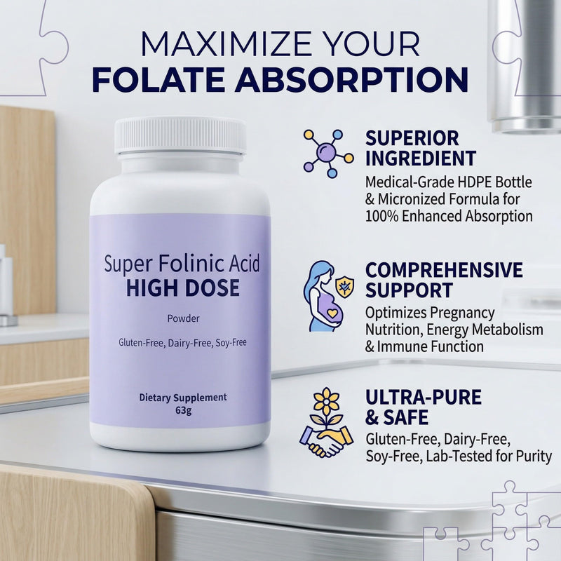 Sentk Super Folinic Acid High Dose Powder - Folinic Acid Supplement with B12 & ATP, Gluten-Free Dairy-Free Soy-Free, Supports Folic Acid Metabolism & Neurodevelopment 63 g（2 Pack ）