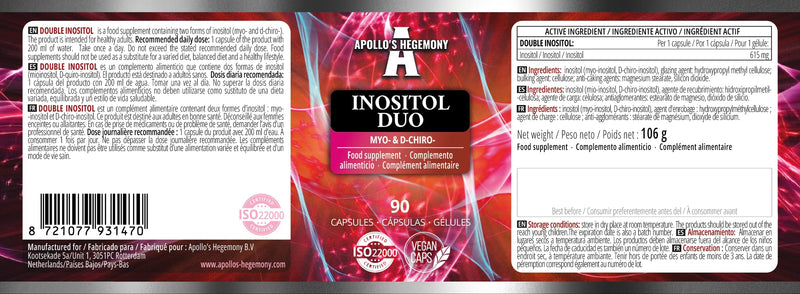 Inositol Duo 120 Vegan Capsules - Myo-Inositol + D-Chiro-inositol - 615 mg per Capsule - 4 Months Supply - Vitamin B8 Supplement - by Apollo's Hegemony