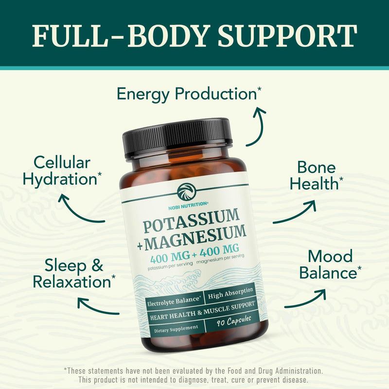 [Australia] - Potassium Magnesium Supplement | High Strength Electrolyte Balance for Heart Health & Muscle Support | 400 MG Potassium + 400 MG Magnesium | Energy, Bone Health, Sleep & Mood Support | 90 Ct. 