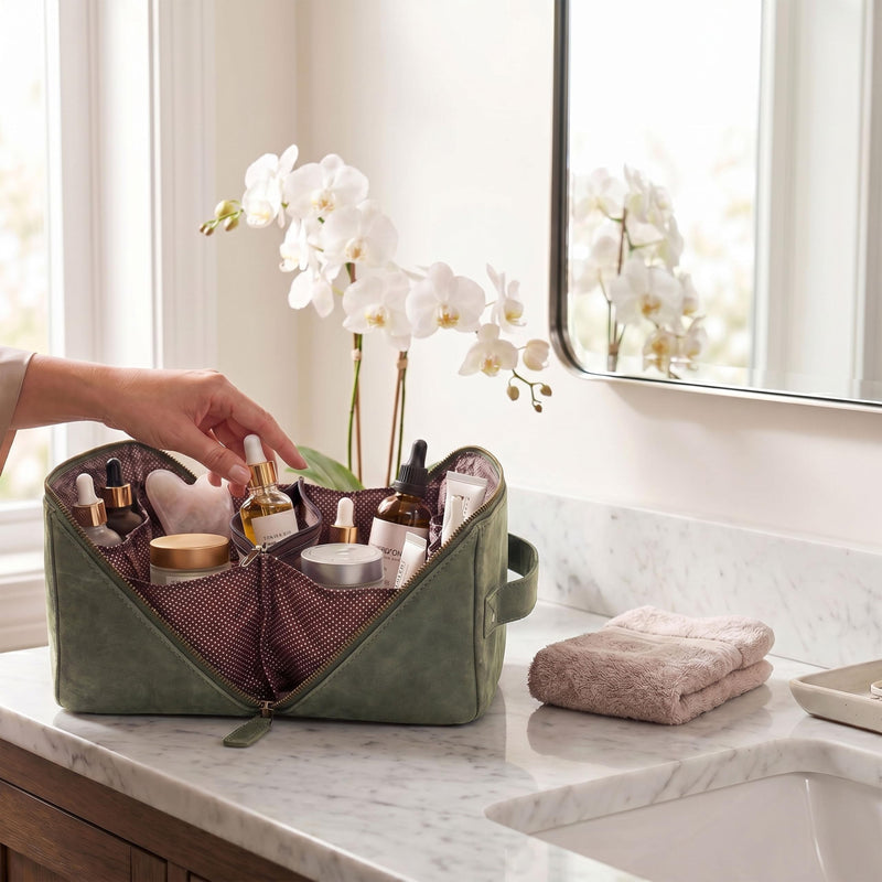 LEATHER VILLAGE Full Grain Leather Travel Cosmetic Bag for Women & Men | Large Capacity Cosmetic Bag with unique zip design – Skin Care, Brushes, Shaving & Bathroom Essentials Organizer- Olive