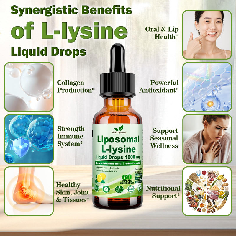L-Lysine 1000mg Liquid Drops w. Monolaurin Olive Leaf Extract Vitamin C D3 & Zinc, 6-in-1 Essential Amino Acid Supplement for Immune Collagen Lip & Oral Health, Liposomal Lysine for Better Absorption Lemon 2 Fl Oz (Pack of 1)
