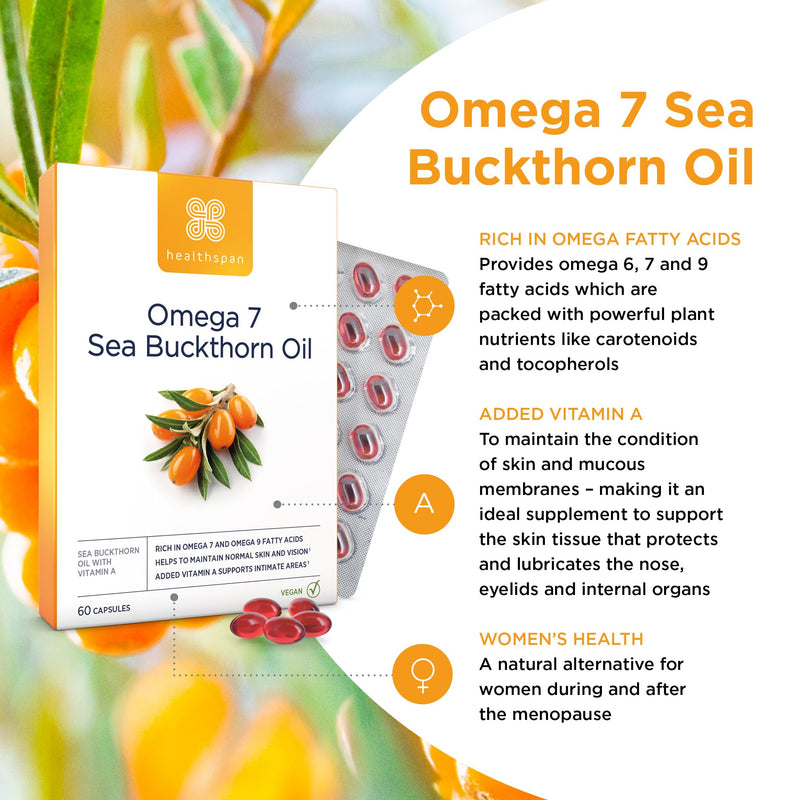 Healthspan Omega 7 Sea Buckthorn Oil 500mg | Women’s Health | High Levels of Omega 7 | Rich in Omega 9 Fatty Acids | Vitamin A | Carotenoids & Tocopherols | Vegan (60 Capsules)