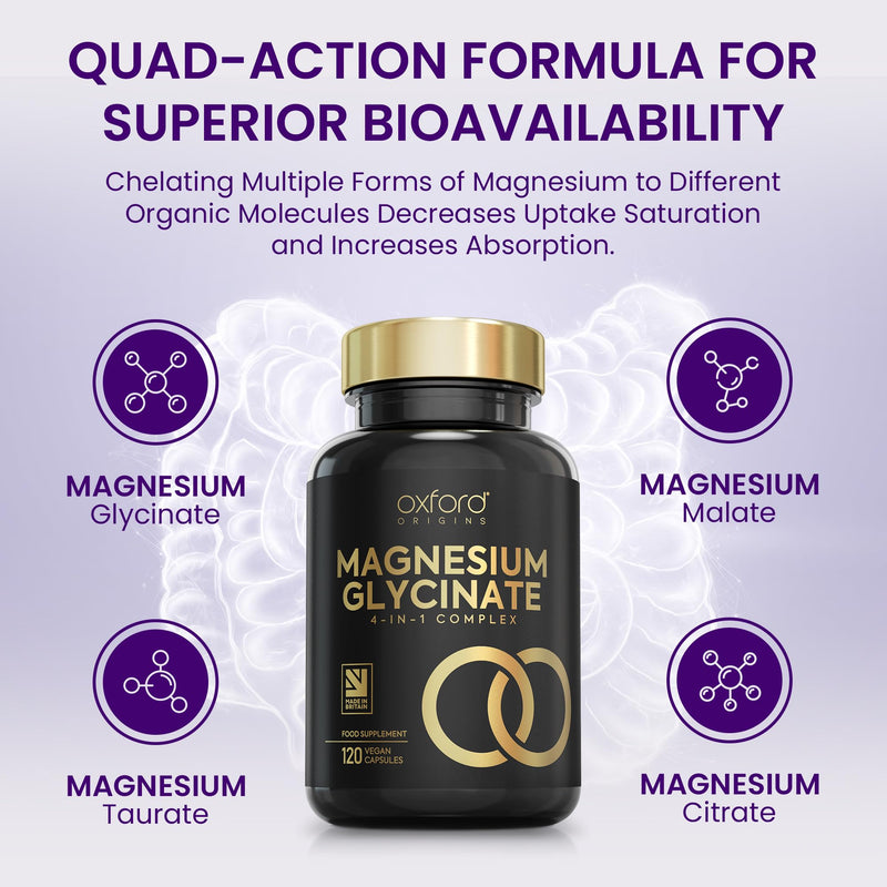 Advanced Magnesium Glycinate 4-in-1 Complex | Made in The UK | 1233mg of Mag Bisglycinate, Citrate, Malate & Taurate | Magnesium Supplements | More Varieties, More Benefits | 120 Capsules Magnesium 4-in-1 120 count (Pack of 1)
