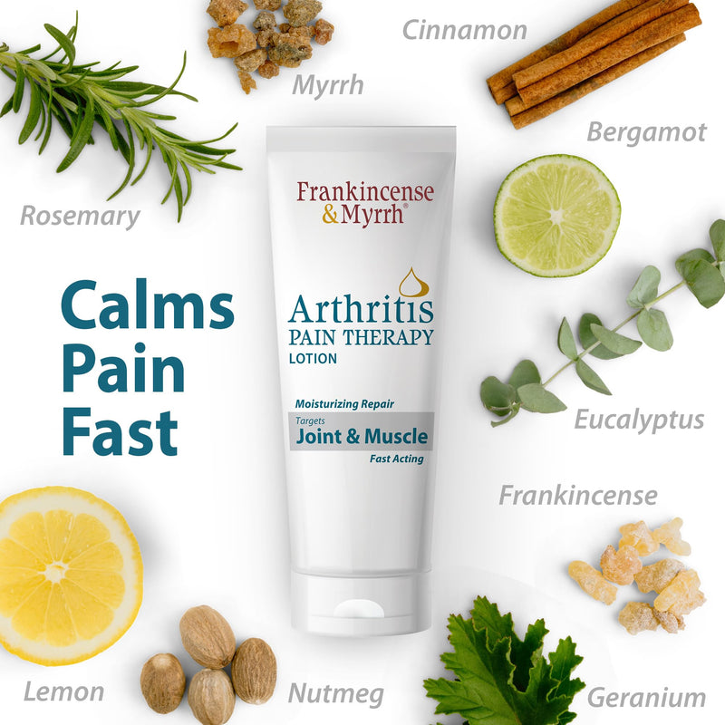 Frankincense & Myrrh Arthritis Pain Therapy Lotion, Joint & Back Relief 3oz | Deep penetrating relief. Menthol + 9 essential oils soothe sore joints, muscles, tendons & back pain. Fast Acting. Try today. 1 pack