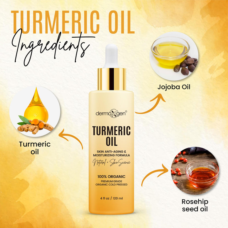 Organic Turmeric Oil for Skin Lightening - Turmeric Face Oil for Dark Spots, Anti-Aging & Hydrating Dry Skin - Glow Moisturizer for Face, Neck & Eyes (4 FL OZ / 60 ML) 4 Fl Oz (Pack of 1)