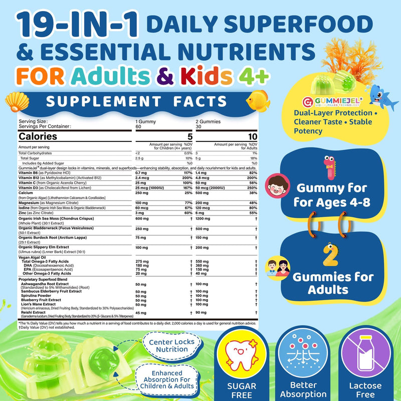 Sea Moss + Elderberry Gummies for Kids & Adults, 19-IN-1 Super Food with Spirulina, Algae Omega 3, Algae Calcium, Ashwagandha, Mushroom, Vitamins D3, C for Immune, Gut, Bone, Energy, Brain,Vegan 60Cts 60 Count (Pack of 1)