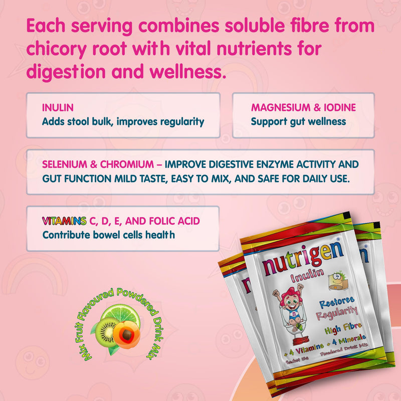 Nutrigen Inulin Prebiotic Fiber with Vitamins C, D, E, Folic Acid, Iodine, Magnesium, Selenium & Chromium • Gut Health • Bowel Regularity • Convenient Drink Mix • 10 Sachets