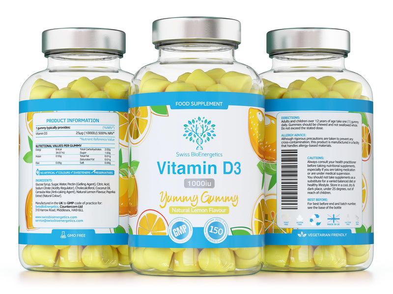 Vitamin D3 Gummies 25µg 1000IU - 150 Natural Lemon Flavour Chewable Yummy Gummies - 5 Month Supply - Made in The UK 150 Gummies