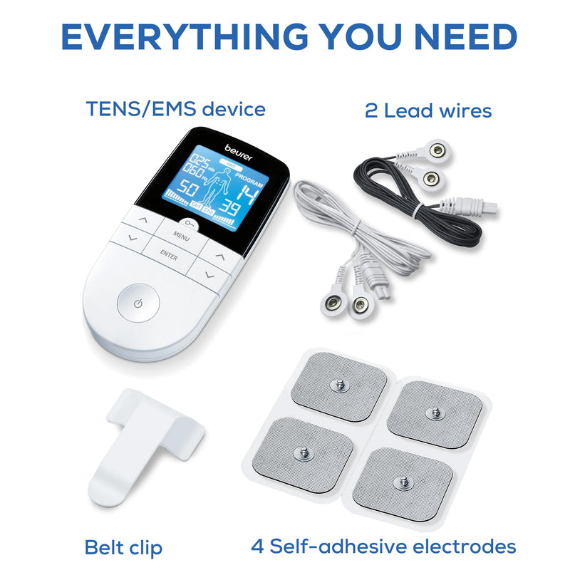 Beurer EM49 Digital TENS & EMS Device for Pain Relief and Muscle Stimulation, 15 TENS Programs, 35 EMS Programs, 2 Adjustable Channels with 4 Self-Adhesive Electrodes Blue