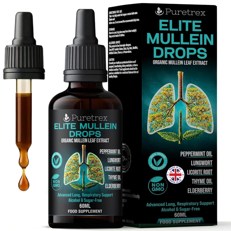 PURETREX Elite Mullein Drops Vegan Supplement 60ml – Made in UK Organic Mullein Leaf Extract, Lung & Respiratory Support Liquid with Elderberry Peppermint Thyme for Breathing Immunity & Wellness
