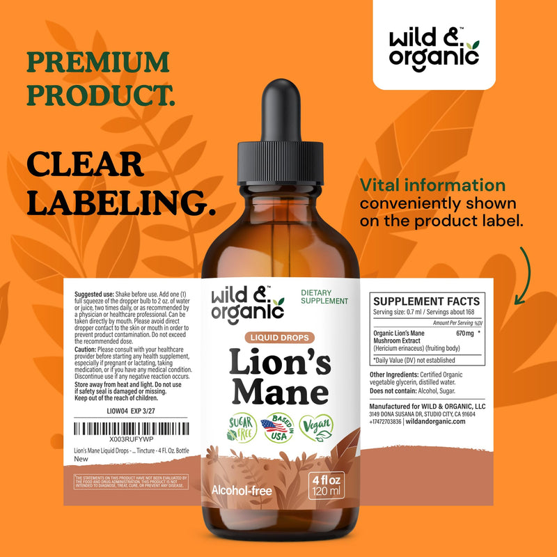 [Australia] - Wild & Organic Lions Mane Liquid Drops - Brain & Focus Support - Lion's Mane Mushroom Supplement - Hericium Erinaceus Mushroom Drops - Vegan, Sugar & Alcohol-Free Extract Tincture - 4 fl oz 4 Fl Oz (Pack of 1) 