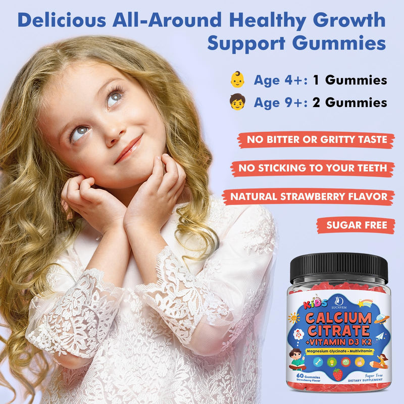 Kids Calcium Citrate Gummies with Vitamin D3 Supplement, Calcium Citrate 300/600 mg with Magnesium Zinc & Multivitamin for Kids 4+, Support Bone Muscle & Digestive Health, Sugar Free Strawberry,120ct 60 Count (Pack of 2)