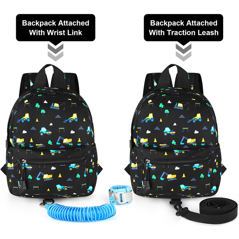 [Australia] - Accmor Toddler Backpack Leash, Mini Child Backpack with Anti Lost Wrist Link, Cute Kids Backpack Walking Harness for Outdoor Travel, Adorable Excavator Backpack Tether for Baby Boys Girls Ages 1-3 Black/Excavator, Black Link 
