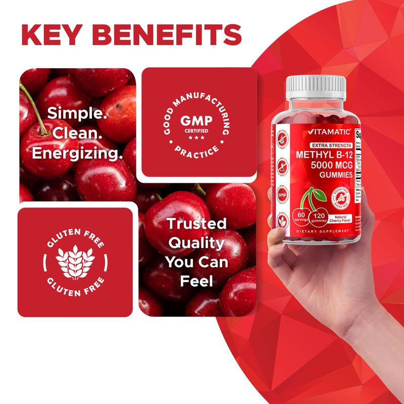 Vitamatic Extra Strength Vitamin B12 5000 mcg (Methylcobalamin) Gummies – 120 Count – Natural Cherry Flavor – Energy & Nervous System Support