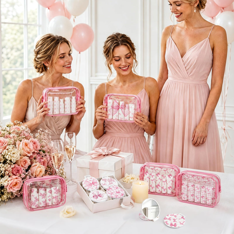 16 Set Pink Bow Party Favors for Women Clear Floral Bow Makeup Bags Mini Compact Mirrors Bulk Waterproof Coquette Pink PVC Cosmetic Bags for Guests Bridesmaids Wedding Party Supplies 16