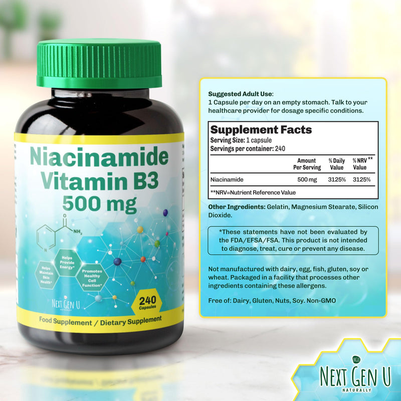 NGU Next Gen U Vitamin B3-500 mg, 240 Capsules - Niacinamide - Dietary Health Food Supplement for Healthy Skin