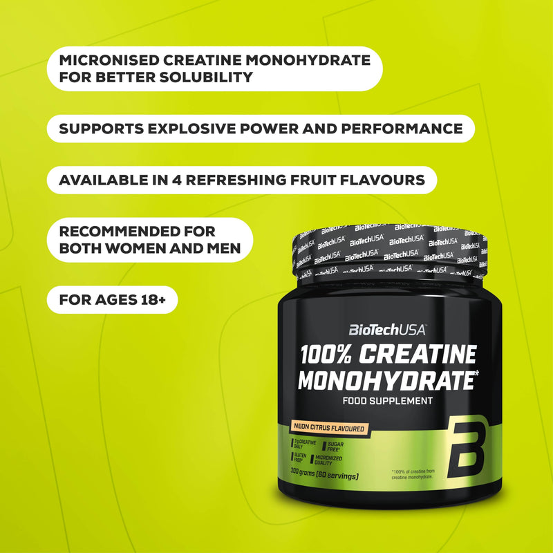 BioTechUSA 100% Creatine Monohydrate | Pharmaceutical-Grade Creatine | Micronized | Vegan | Glutenfree, 300 g, Pineapple-Mango