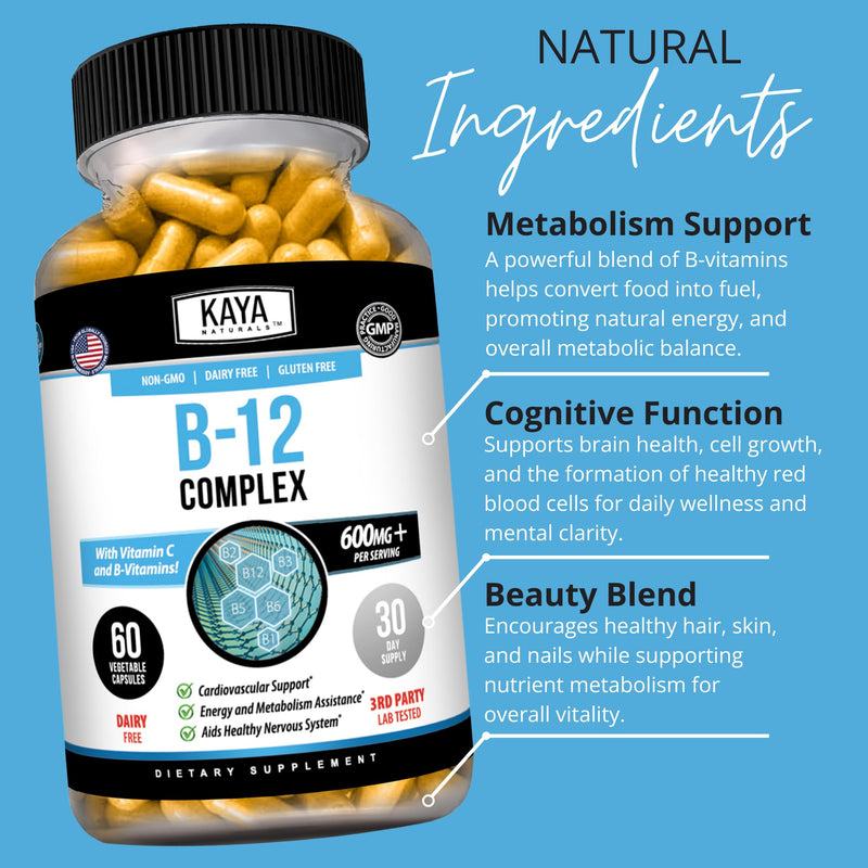 Kaya Naturals B-12 Complex Multivitamin for Women & Men, 60 Count | Energy and Metabolism Booster, With Biotin, Choline, Inositol, Folate and Vitamin C 60 Count (Pack of 1)