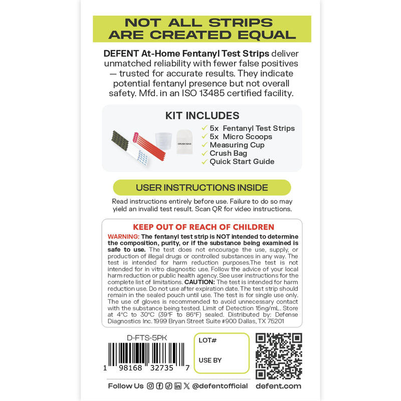DEFENT at-Home Fentanyl Test Strip Kit – 5-Pack for Fast, Accurate Testing – Results in 3 Minutes – Includes Micro Scoop - Measuring Cup - Portable and Easy-to-Use Drug Test Safety Solution