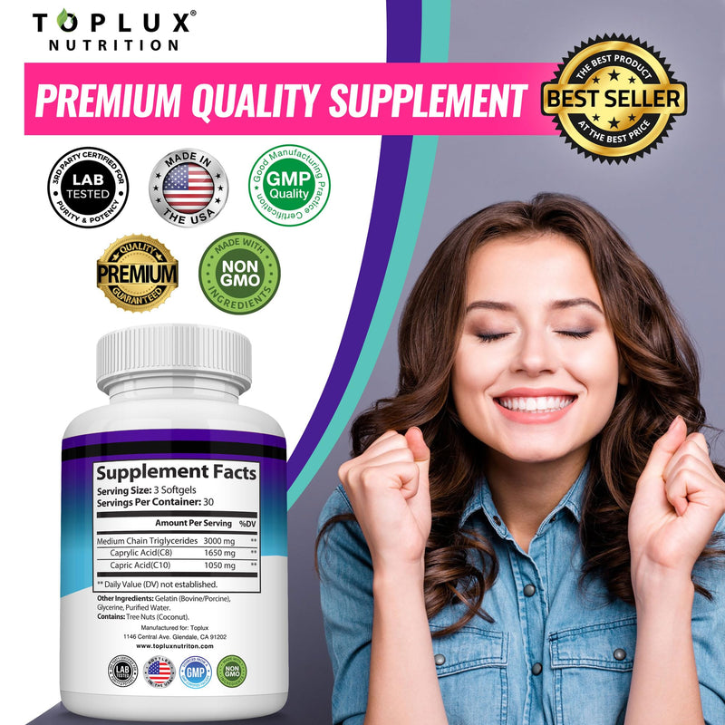 [Australia] - Toplux Keto MCT Oil Capsules - 3000mg Natural Pure Coconut Oil Extract Pills, Source of Energy, Easy to Digest for Men Women, 90 Softgels, Supplement Two 