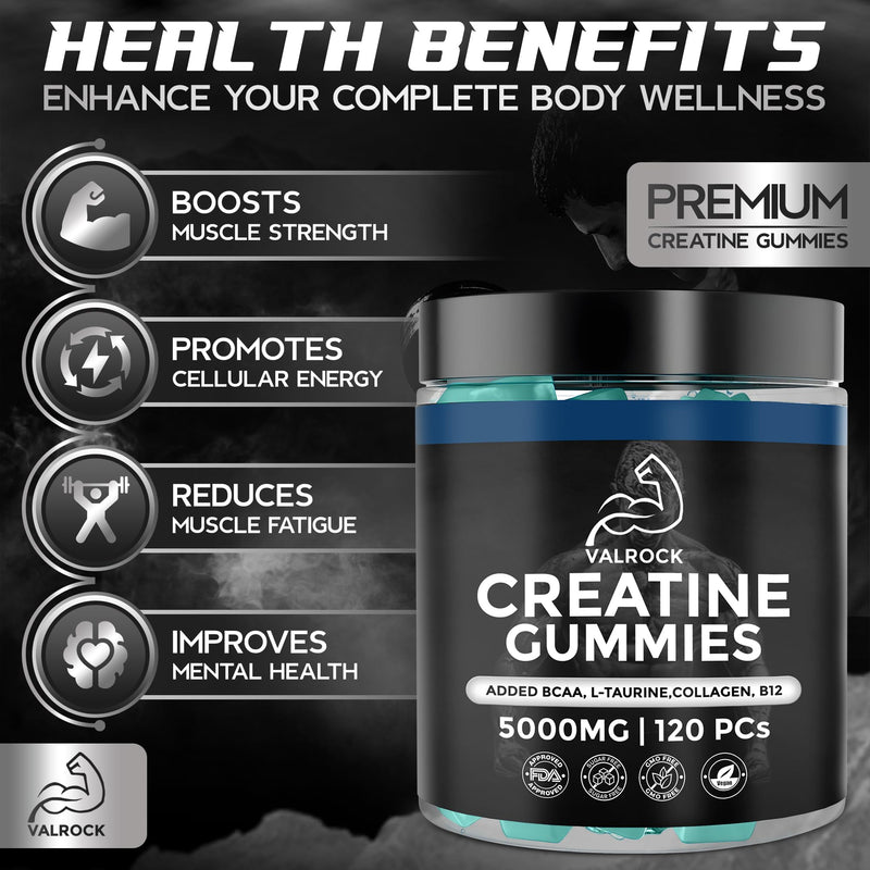 Creatine Gummies 5000mg 120 Gummies - Added L-Taurine, BCAA's, Collagen, B12 - Pure Creatine Monohydrate for Muscle Recovery, Strength & Performance - Mixed Berry Flavour (1 Month Supply)