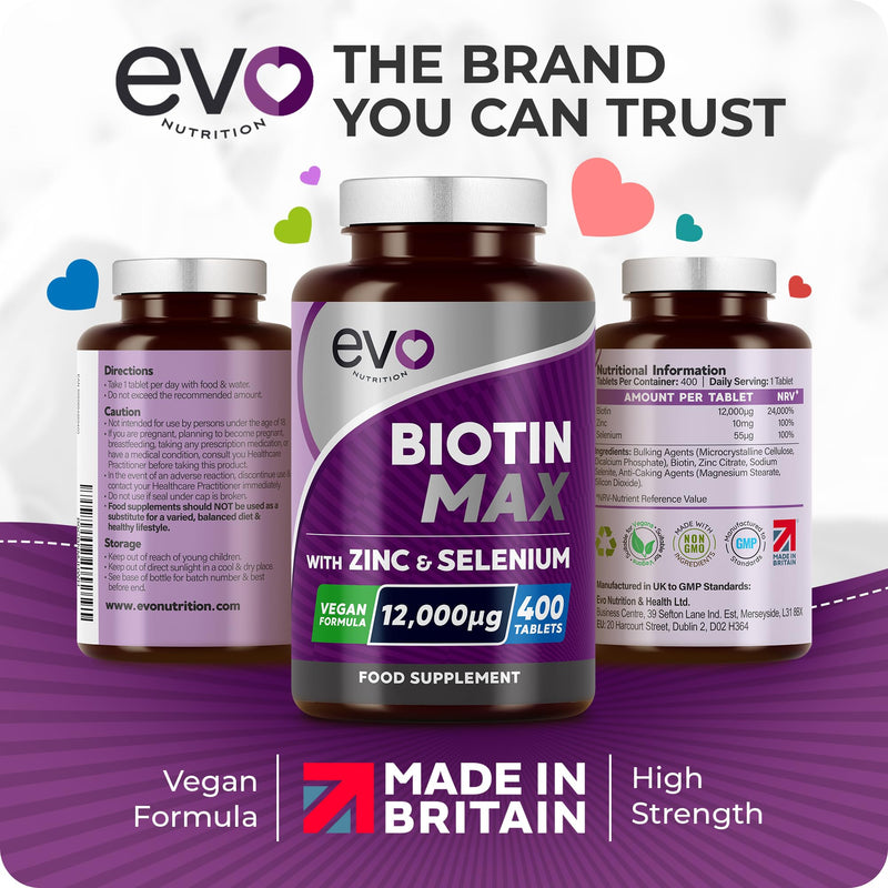 Biotin Max with Zinc & Selenium | High Strength Vitamins & Minerals to Support Hair, Skin & Nail Health | Vegan Food Supplement Complex | 400 Tablets for a 13 Month Supply | UK Made by EVO Nutrition