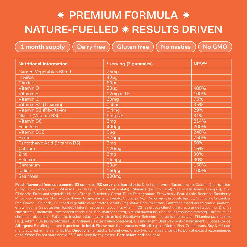 Multivitamin Gummies with Sea Moss for Women + Men by Numoss. Sea Moss 300mg, Green Vegetables Blend 75mg & 15+ Minerals & Vitamins Like Folic Acid, B12, B6, Vitamin D, E & C & Zinc - 60 Gummies Multivitamin Gummies