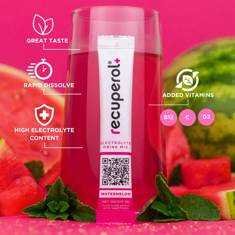 Recuperol Electrolytes Sachets - Rehydration Electrolytes Powder with Zinc, Vitamin C, B12, D3 & Potassium for Hydration - Sugar Free, Vegan & Low Calorie - Watermelon 60 Pack