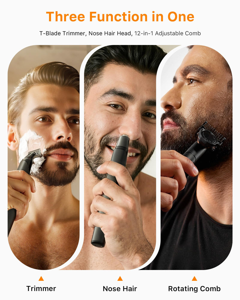 [Australia] - [2025 Upgraded] Beard & Nose Hair Trimmer Kit, [All-in-One] 12 in 1 Rotating Comb, Travel Body Hair Electric Shaver for Men, USB-C Fast Charging, Painless Razor Waterproof Wet/Dry, Black(Pack) Pack Version 