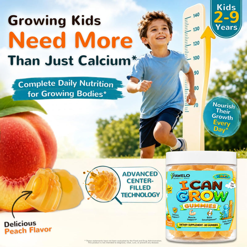 I CAN GROW Growth Gummies for Kids, Sugar Free Peach Flavor, Ages 2-9 | 60 Gummies, Center-Filled Nutrition, Amino Acids & Botanicals, Vitamin D3, K2 & Calcium