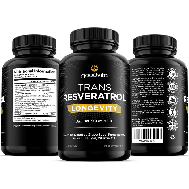 Trans Resveratrol Supplement 650mg | UK Made | 60 Capsules, 2 Month Supply | Antioxidant, Anti-Aging, Immune, Joint Support | Grape Skin, Pomegranate, Vitamin C | Rich in Polyphenols