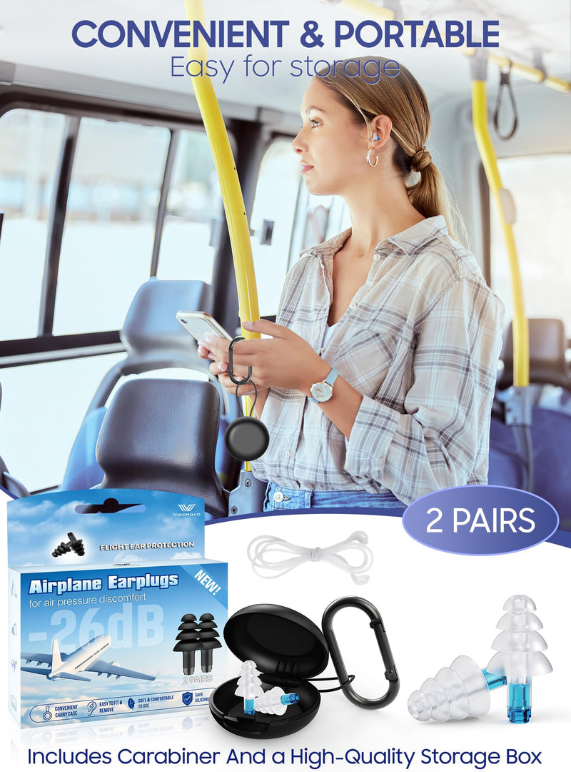 [Australia] - Ear Plugs for Airplane Pressure Relief, 2 Pairs Adults Soft Silicone Reusable Airplane Earplugs 26dB, with Silicone Connector Cord, Travel Essentials for Flying, Ear Protection Earplugs for Plane Blue 