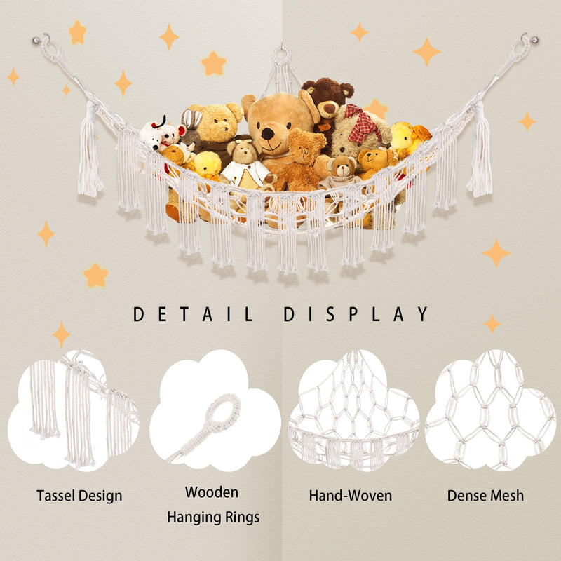 [Australia] - Stuffed Animal Hammock with LED Light, Toy Hammock for Stuffed Animals Storage for Kids Room Decor, Stuffed Animal Hammock Corner, White Large-(Package of 1) 
