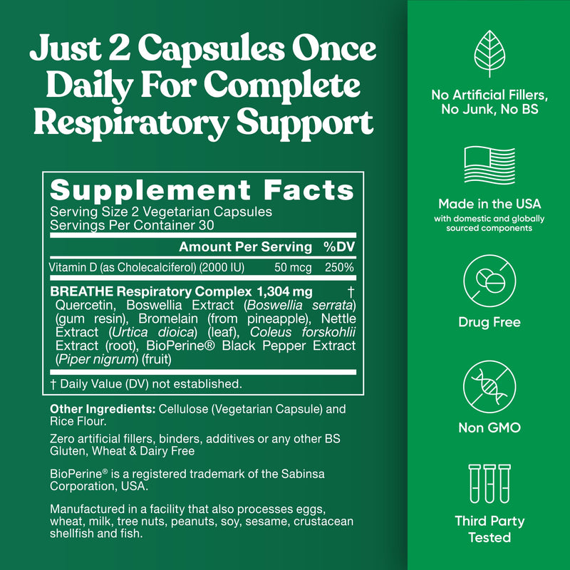 Breathe Inhaler Support Supplement - Sinus, Lungs, Open & Clear Airways - Seasonal Nasal Health, Bronchial Wellness, Healthy Chest - Quercetin, Vitamin D, Bromelain Pills - 60 Vegetarian Soft Capsules 60 Count (Pack of 1)